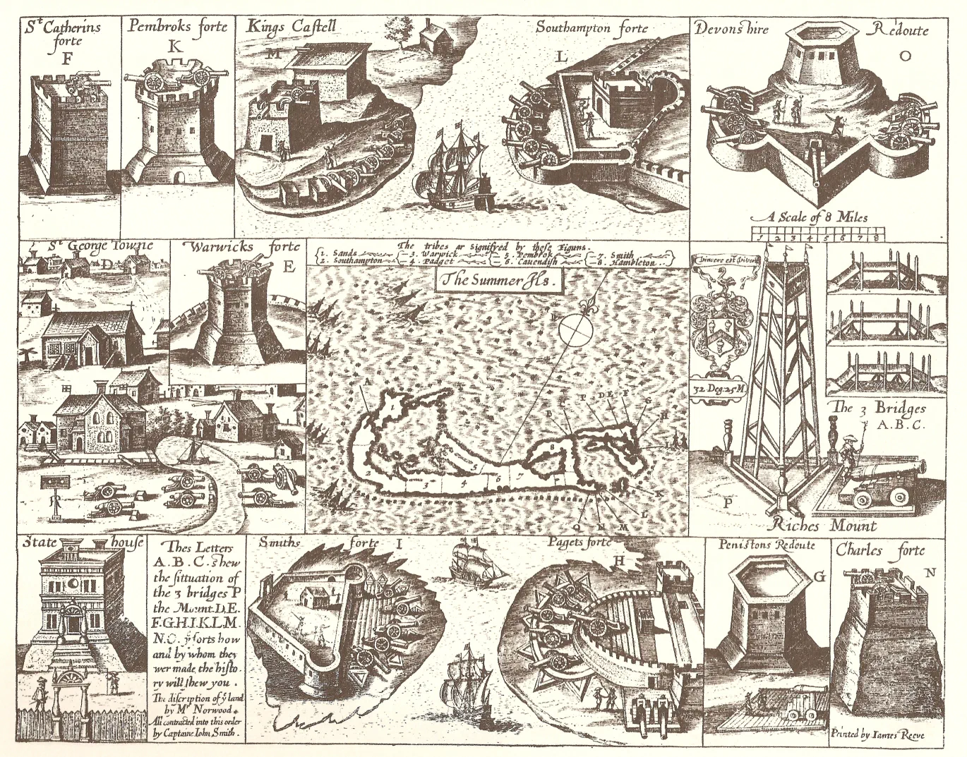 约翰·史密斯《弗吉尼亚通史》(1624)中的萨默群岛(百慕大)地图,四周绘着岛上的炮台和要塞